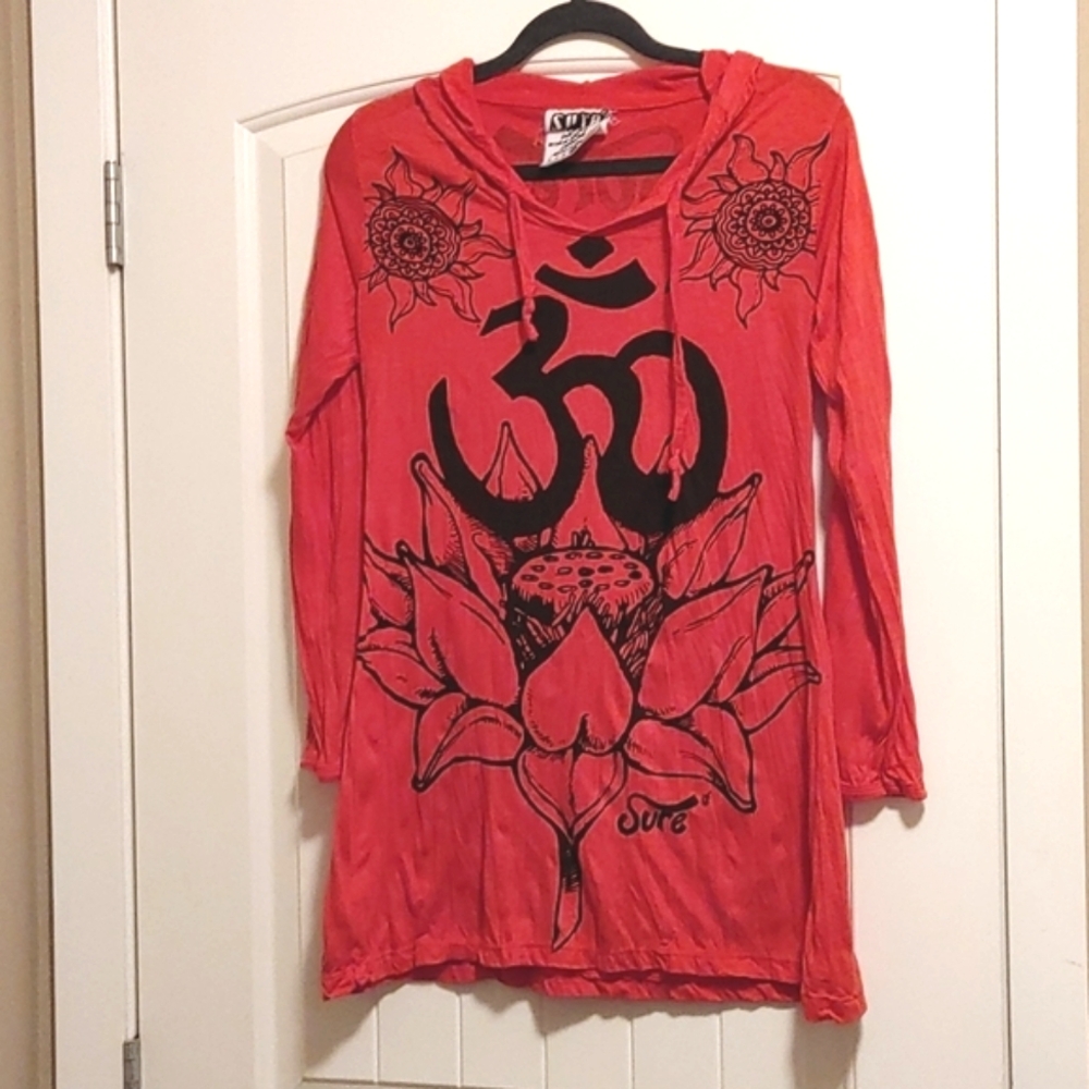 VINTAGE Sure Original Back to basics Red hooded tunic shirt Top